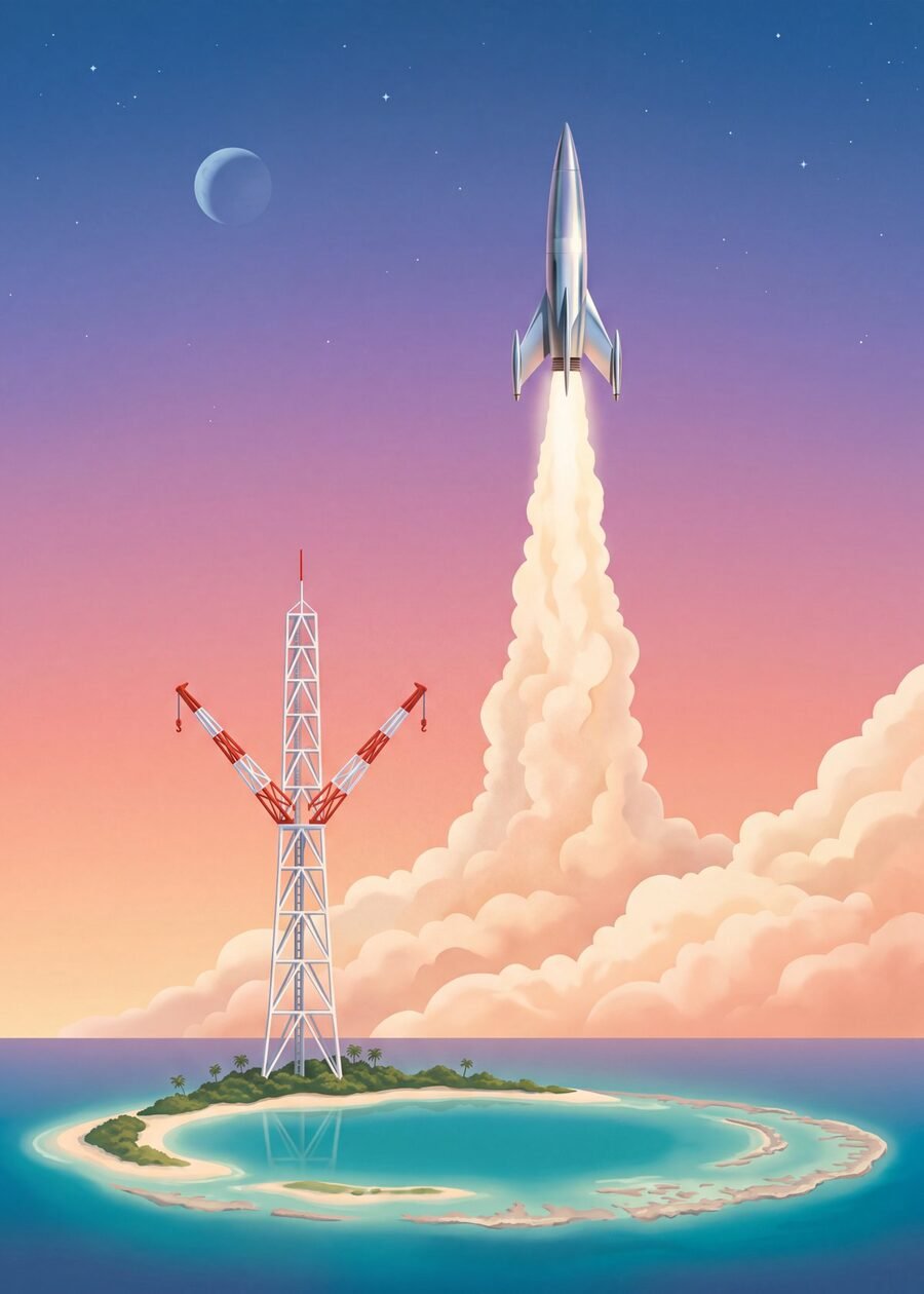A silver retro rocket lifting off from a launch tower on a small tropical island at dusk