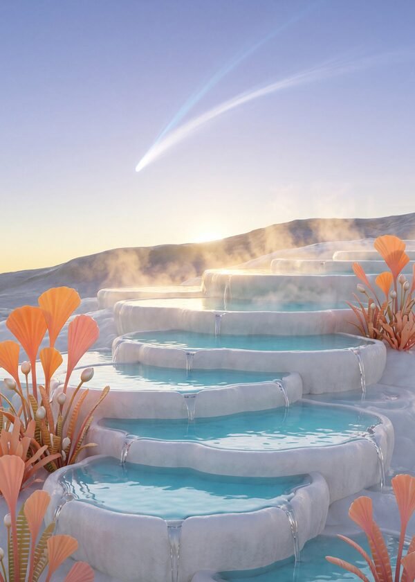 Alien Travertine Terraces Comet Dawn, metal print by Isla Elsewhere