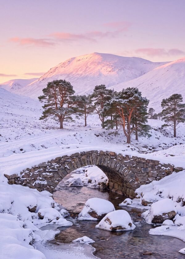 Snowy Highland Stone Bridge Sunrise, metal print by Isla Elsewhere