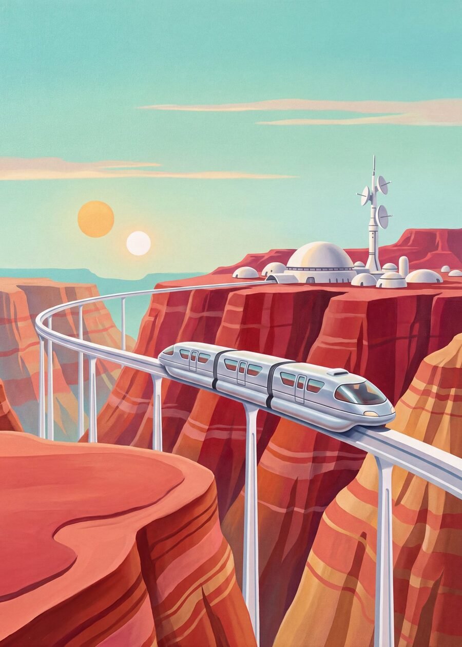 A white monorail curving across red canyon mesas under two suns
